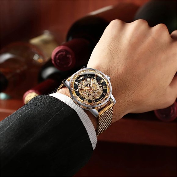 Retro Manual Mechanical Skeleton Watch with Diamond and Carving Flower, Gold-W - Picture 5 of 6